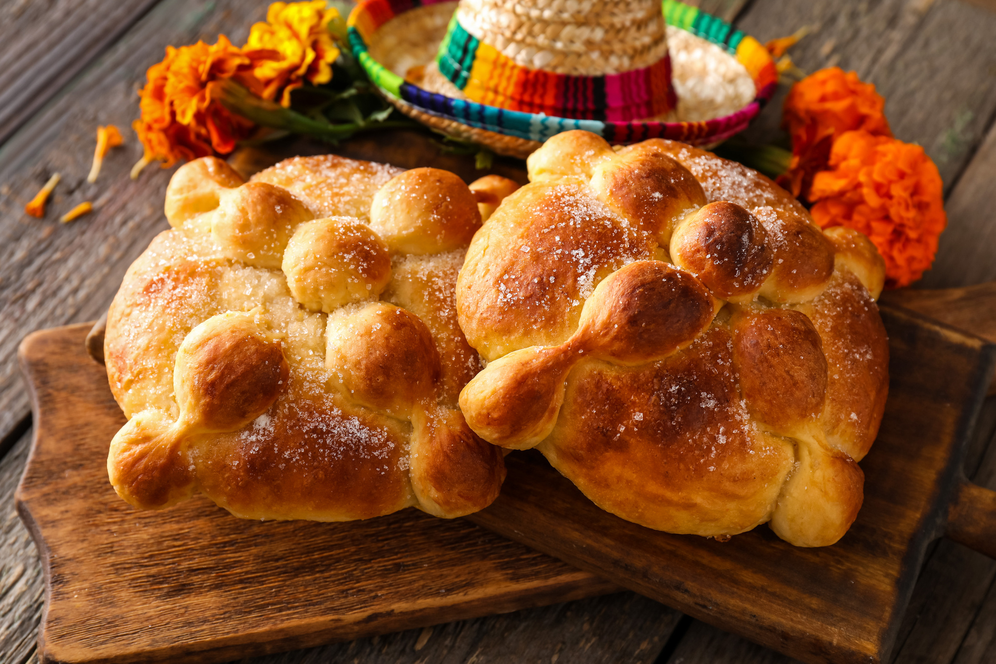 Bread of the Dead on Wooden Background. Celebration of Mexico's Day of the Dead (El Dia De Muertos)